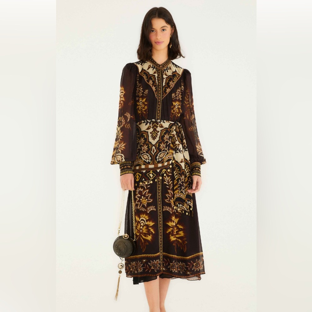 Farm Rio: Winter Ainika Brown Long Sleeve Midi Dress